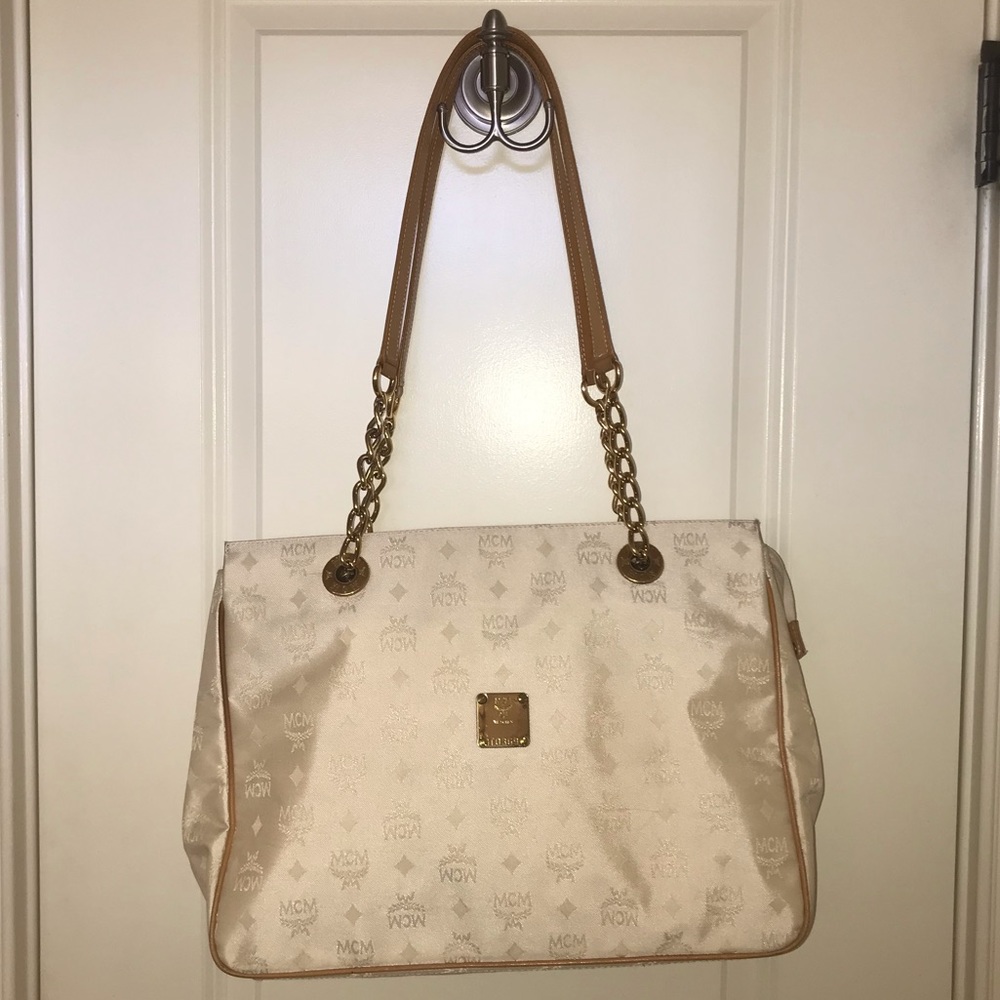 Vtg MCM Ivory nylon leather chain tote bag